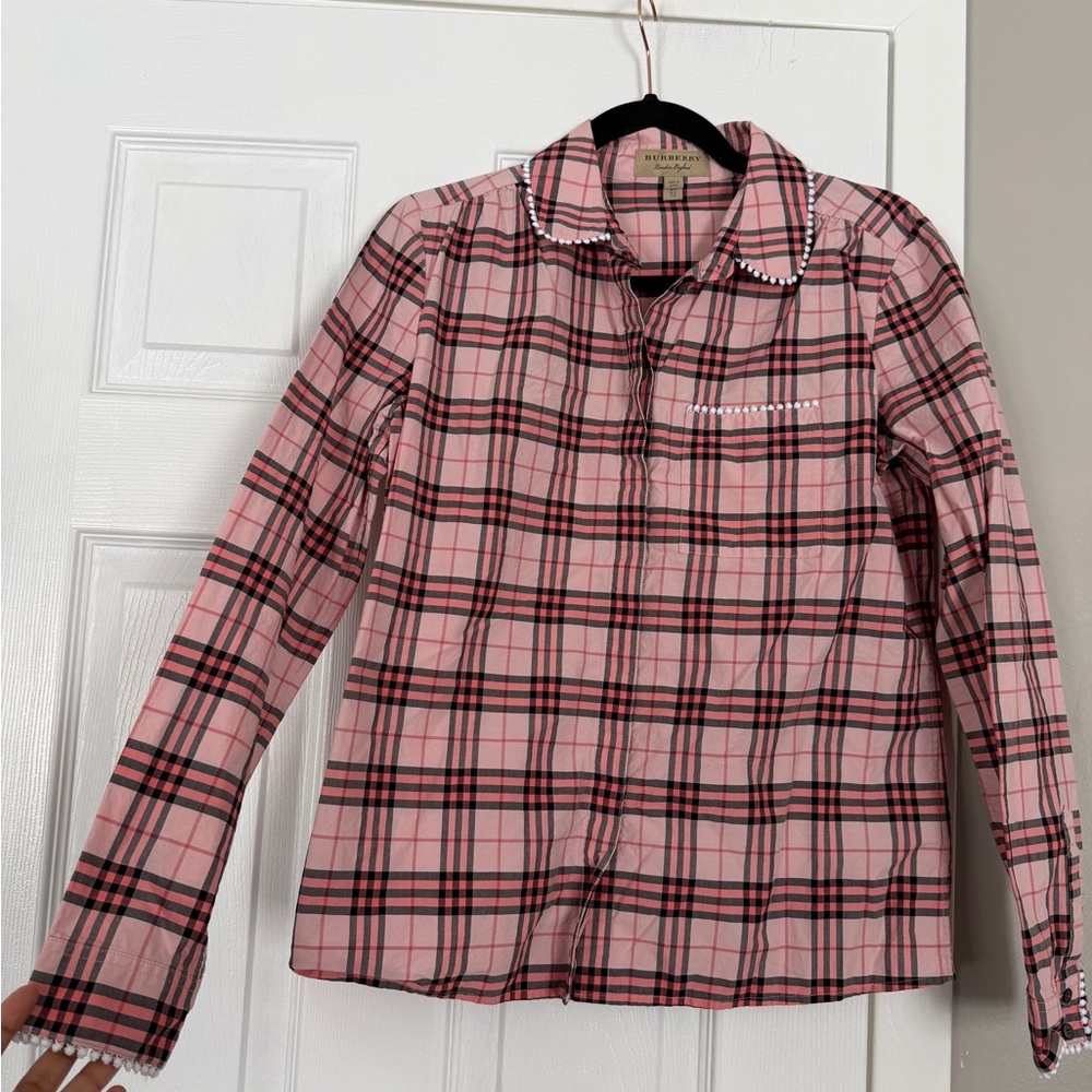 Burberry Pink Plaid Lace Trim Button Down Shirt Business Office - Picture 2 of 11
